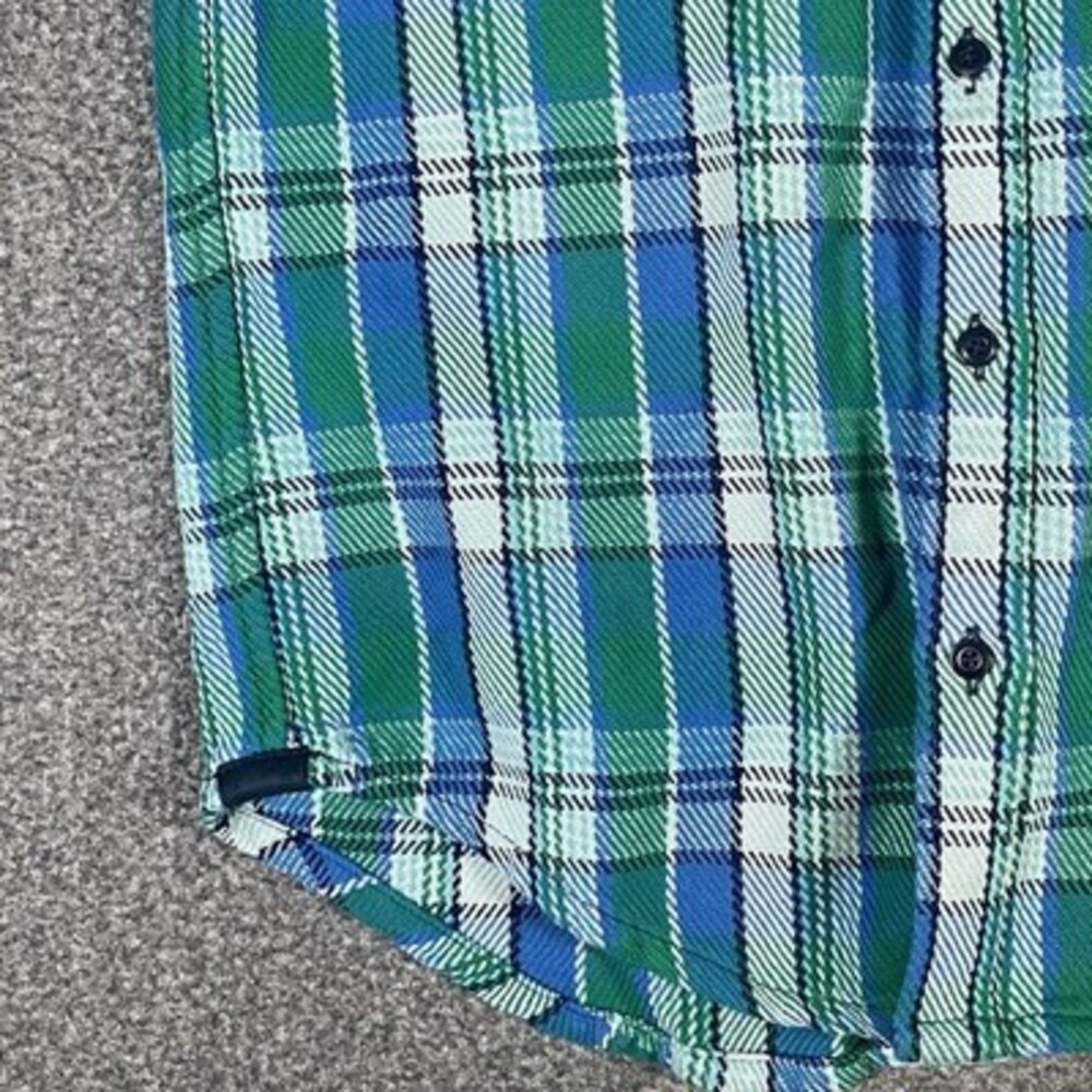 Outerknown Mens M Flannel Plaid Blanket Shirt Blue Green Heavy Shacket Button Up - Picture 9 of 14